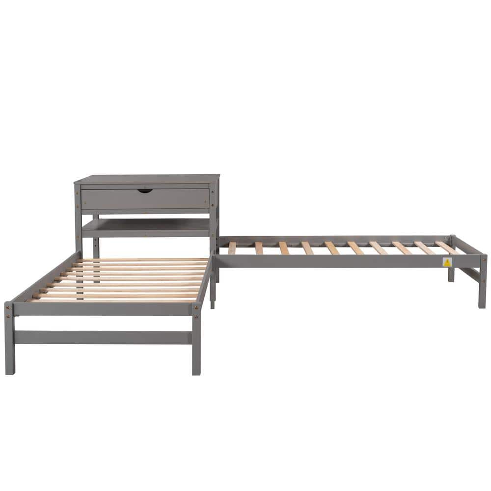 Gray Twin Size L-Shaped Platform Beds with Drawer Linked with Built Rectang