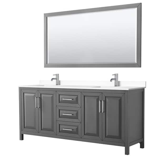 Wyndham Collection Daria 80in.Wx22 in.D Double Vanity in Dark Gray with Cultured Marble Vanity Top in White with Basins and Mirror