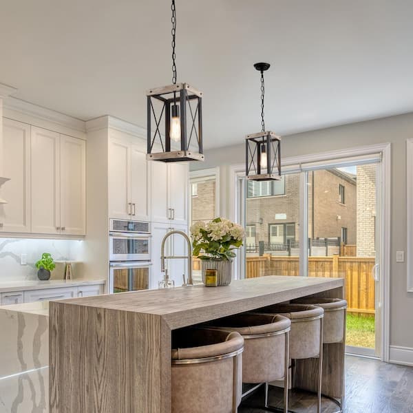 Black Rustic Wood Cage Pendant Light 1-Light Farmhouse Lantern Kitchen Island Pendant Lighting