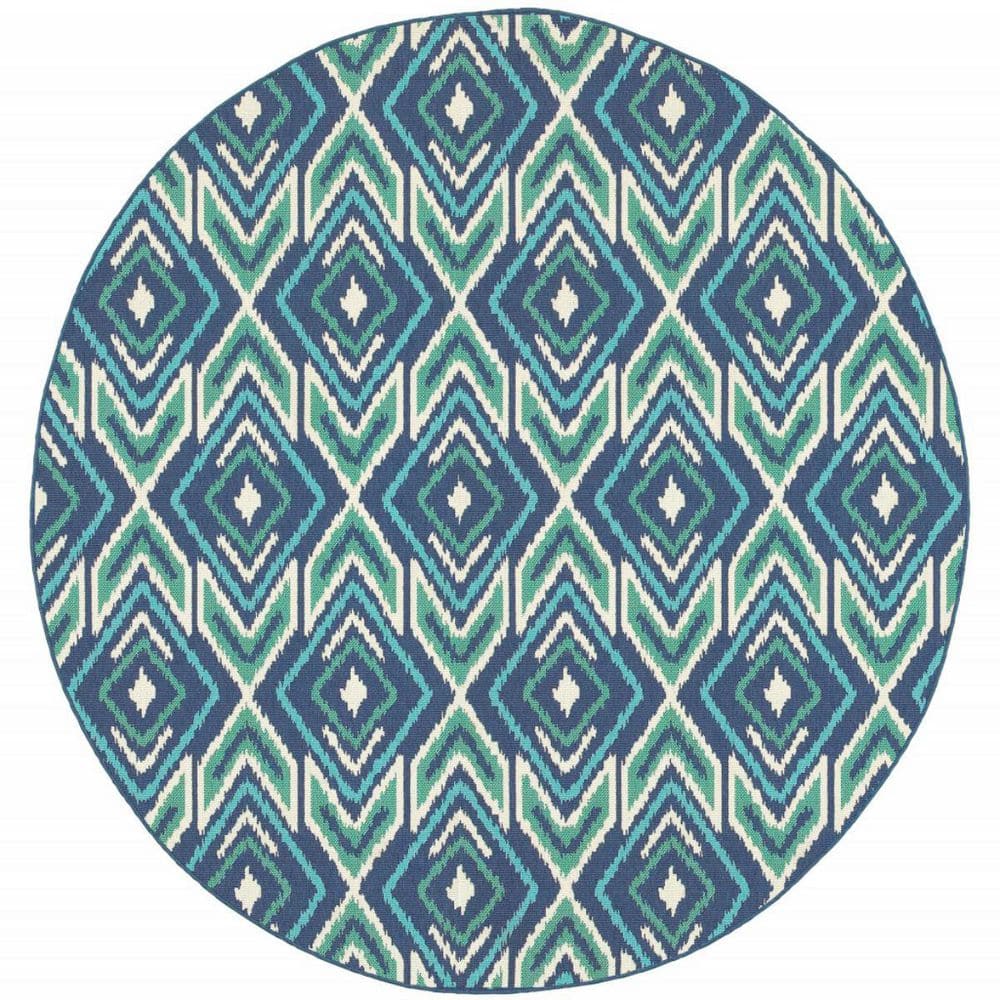 Blue, Ivory 8 ft. x 8 ft. Loomed Geometric Polypropylene Round Indoor/Outdoor Area Rug price history on PriceWatchPro
