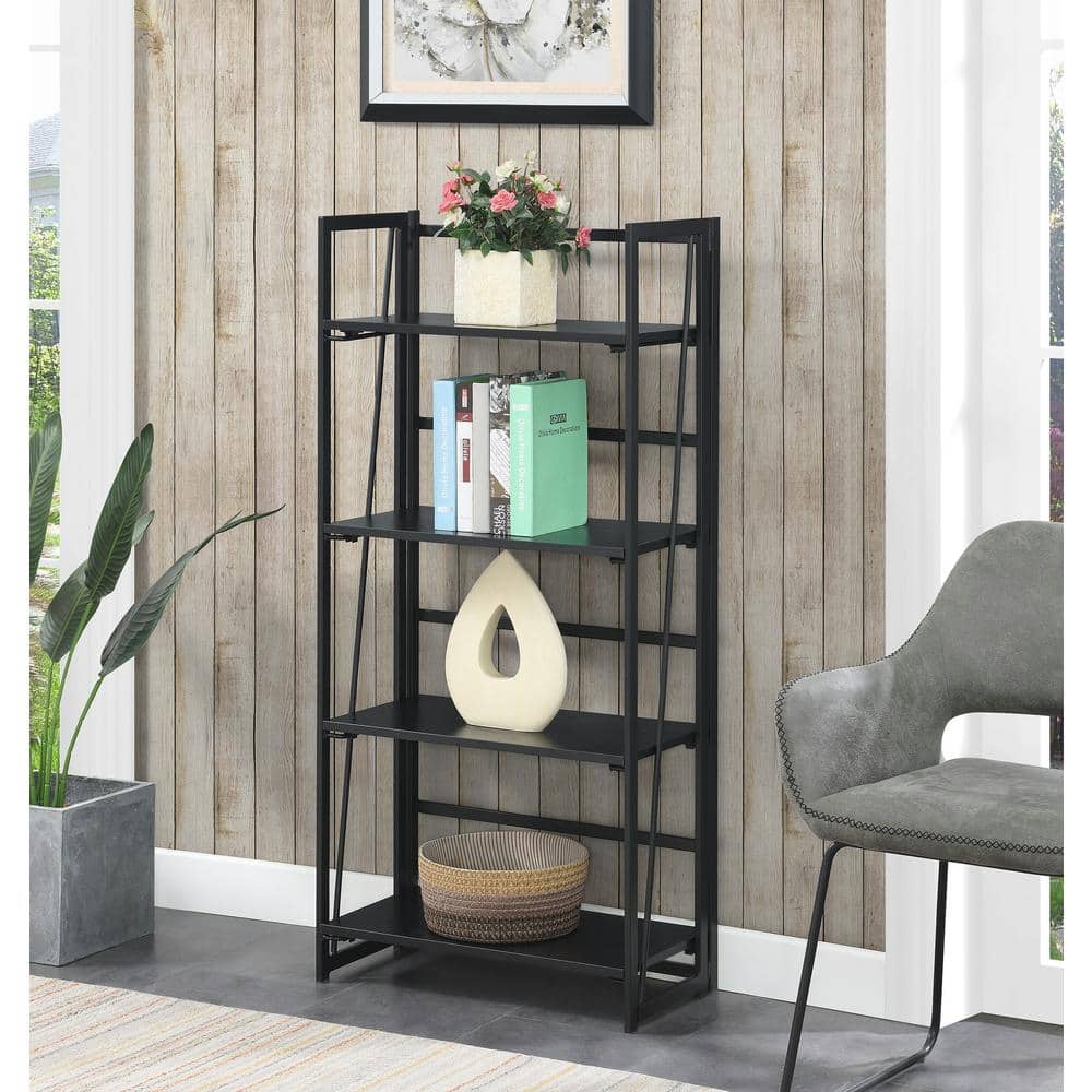 Demi Slim Black Folding 4-Tier Metal & Wood Bookshelf