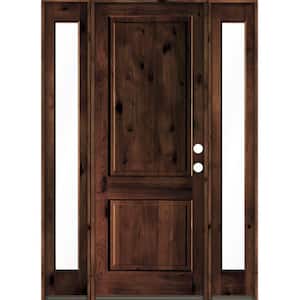64 in. x 96 in. Rustic Knotty Alder Square Top Red Mahogany Stained Wood Left Hand Single Prehung Front Door