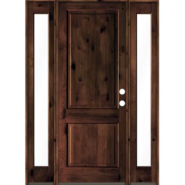 Krosswood Doors 64 in. x 96 in. Rustic Knotty Alder Square Top Red Mahogany Stained Wood Left Hand Single Prehung Front Door