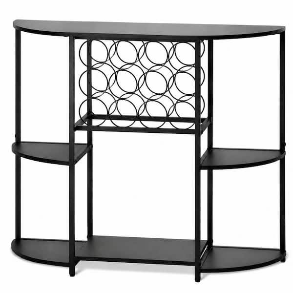 Black Wood 3-Tier Metal and Wood Wine Bar Cabinet with LED Lights, Glass Holder, and Storage