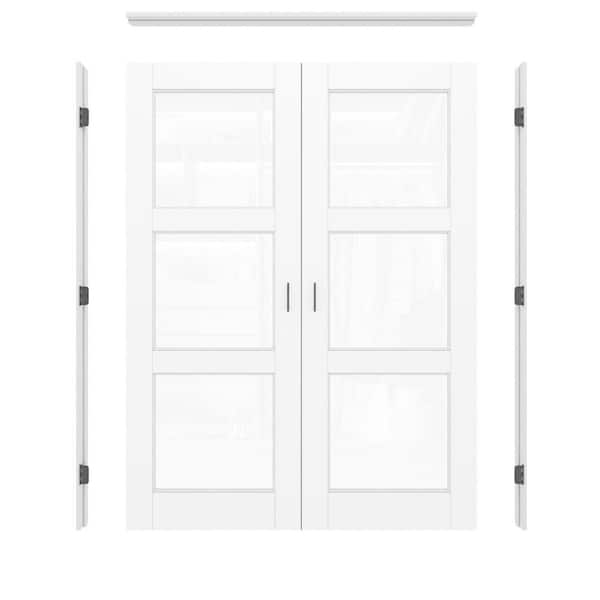 60 in. x 80 in. 3-Lite Clear Glass Universal White Solid Core Glass Double Prehung French Door+ Separate Jamb&Ball Catch