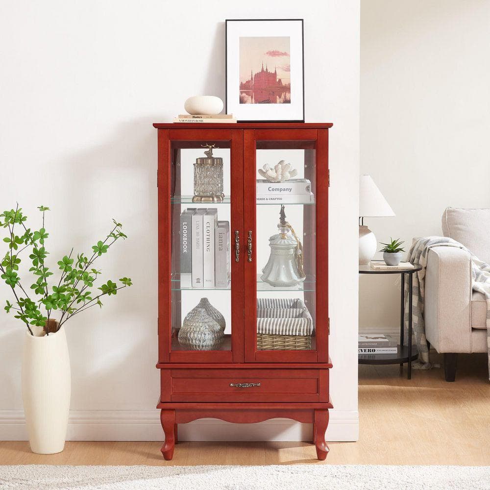 IDEAGLE Cherry 49.4 in. H Lighted Curio Cabinet with Adjustable