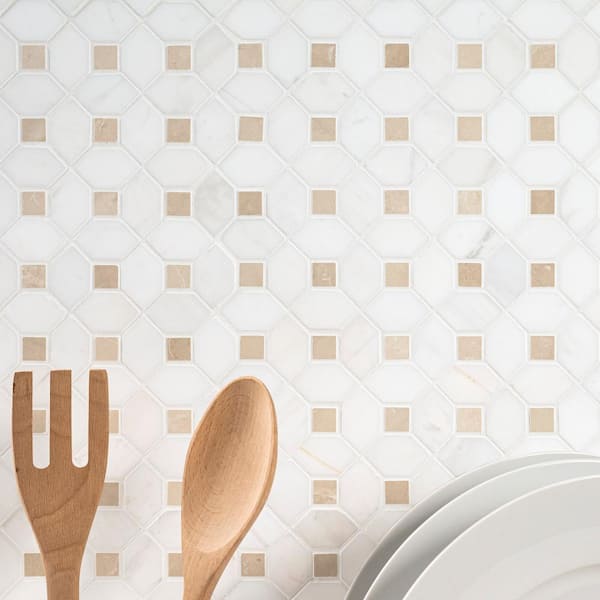 Bianco Dolomite Crema Dotty 12 in. x 12 in. Polished Marble Mesh-Mounted Mosaic Floor and Wall Tile (10.7 sq. ft./case)