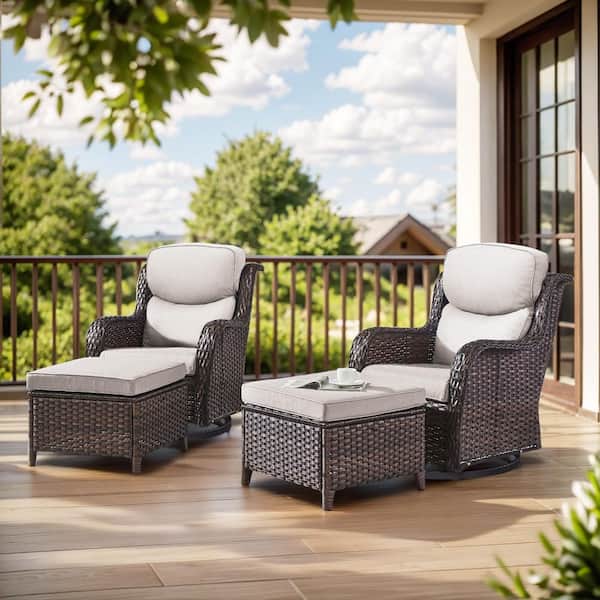 Carolina 4-Piece Brown Wicker Outdoor Swivel Glider Chairs with Thick Beige Cushion