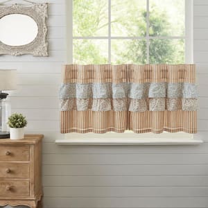 Kaila Ruffled 36 in. W x 24 in. L Cottage Tier Window Panel in Gold Creme Navy Pair
