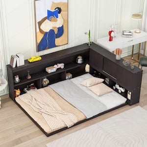 Espresso Brown Wood Frame Full Size Platform Bed with L-shaped Bookcases, Storage Headboard with sliding doors