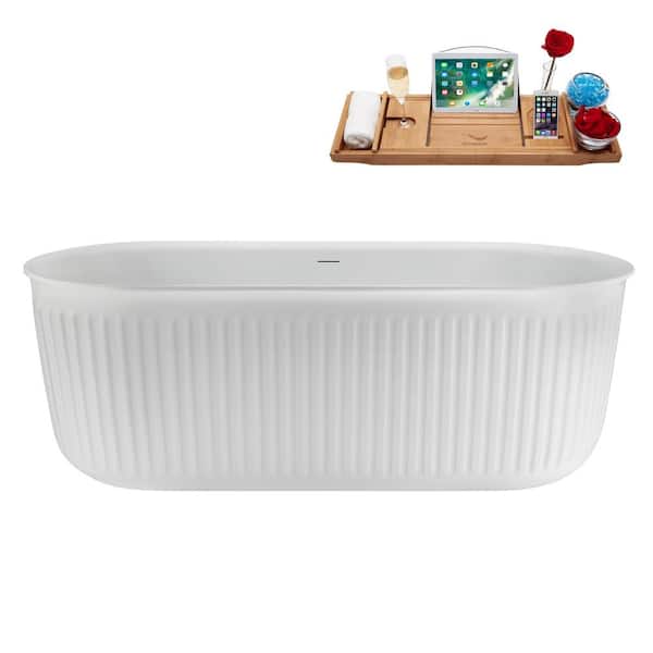 Streamline 67 in. x 31 in. Acrylic Freestanding Soaking Bathtub in Glossy White with Matte Oil Rubbed Bronze Drain, Bamboo Tray