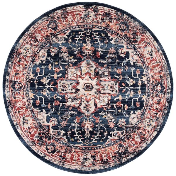 SAFAVIEH Charleston Navy/Red 7 ft. x 7 ft. Round Border Area Rug