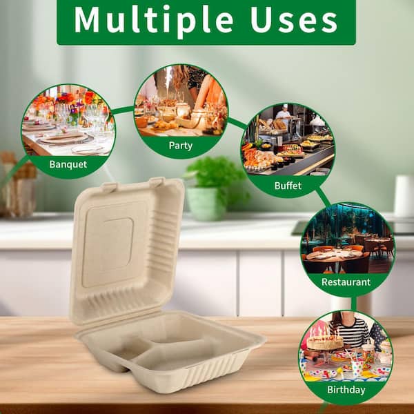 8 in. x 9 in. 3 Compartment Box Containers with Lid to Go Take Out Clamshell for Food, Brown (100-Pack)