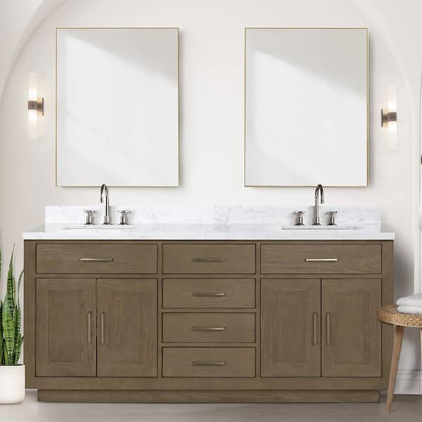 72 inch Wall Mounted Double Bathroom Vanity Latte Oak Finish with Solid  Surface Integrated Sink Top