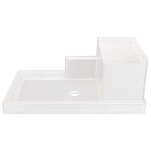 60 in. L x 36 in. W Acrylix Alcove Shower Pan Base with Center Drain in White with Right Hand Built-In Shower Seat