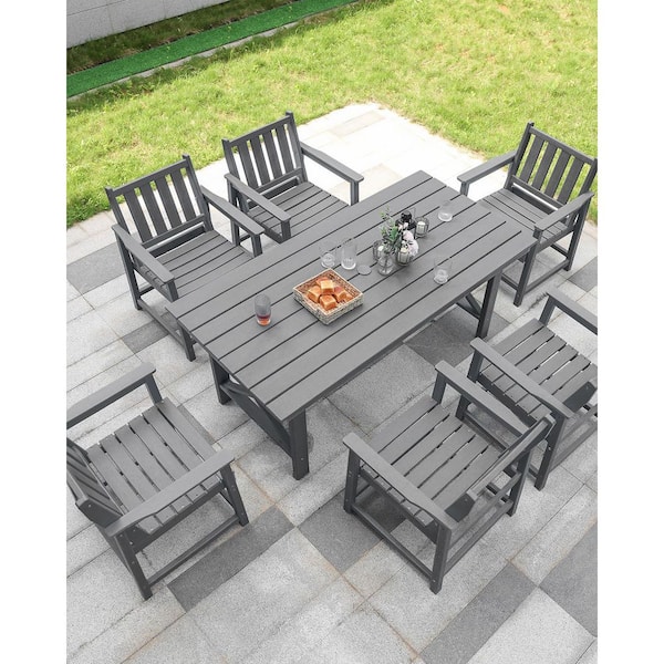 Gray 7 Pieces Plastic Outdoor Dining Set, Outdoor Dining Table w/Umbrella Hole and 6 Chairs, Patio Furniture Sets for 6