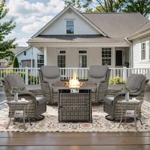 7-Piece Gray Wicker Outdoor Square Fire Pit Conversation Set with Gray Cushions and Swivel Rocker Patio Chairs