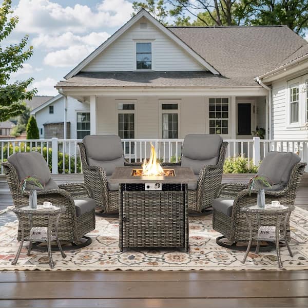 Opohoro 7-Piece Gray Wicker Outdoor Square Fire Pit Conversation Set with Gray Cushions and Swivel Rocker Patio Chairs