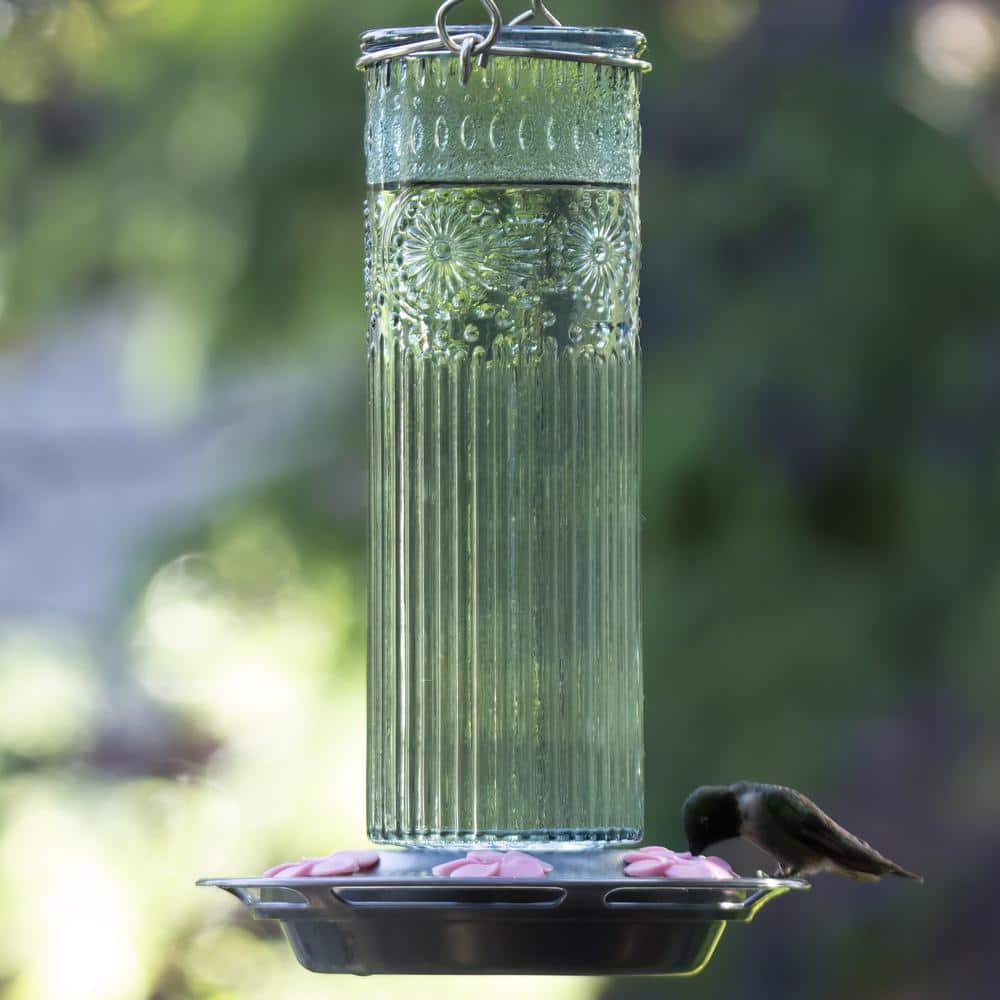 Teal Antique Glass Hanging Hummingbird Feeder with Pink Ports