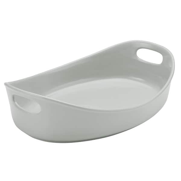 Rachael Ray 4.5 Qt. Light Sea Salt Gray Stoneware Bubble and Brown Oval Baker