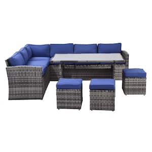 7-Piece PE Wicker Outdoor Patio Furniture Sectional Sofa Set with Footstool with Cushion Blue