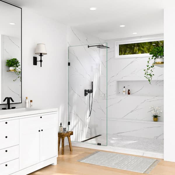 Linea 36 in. W x 78 in. H Frameless Fixed Single Panel Shower Screen Door in Matte Black with 3/8 in. (10mm) Clear Glass