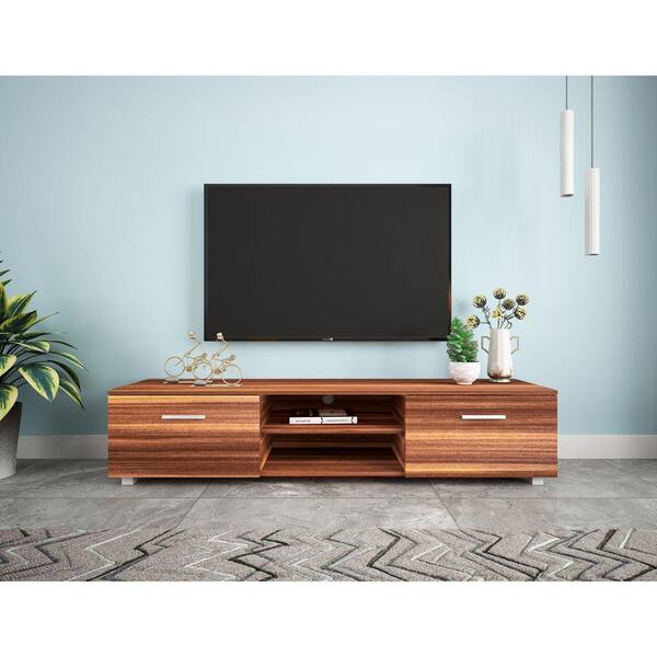 Welwick Designs 58 in. Caramel Solid Wood TV Stand Fits TVs Up to 65 in. with Cutout Cabinet Handles