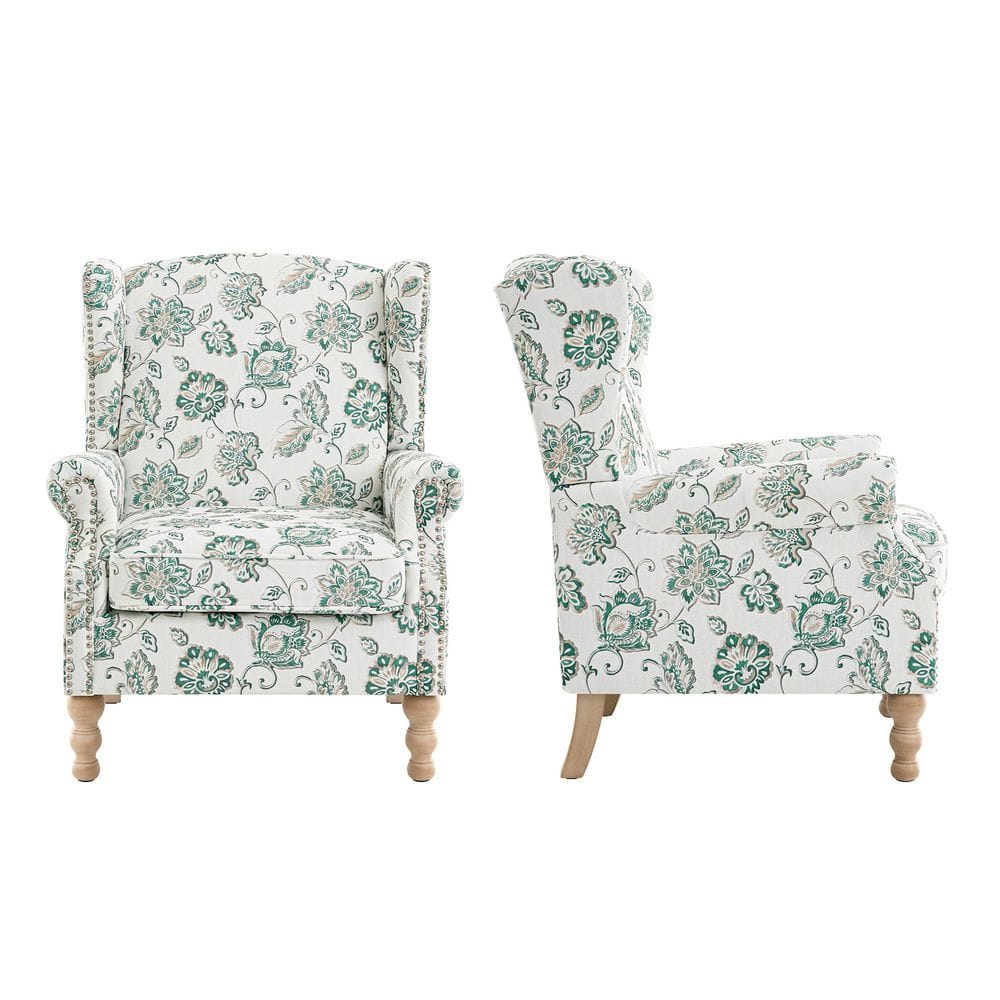 White Green Floral Print Linen Wingback Chair Set of 2 with Nailhead Trim and Wooden Legs for Living Room Bedroom price history on PriceWatchPro