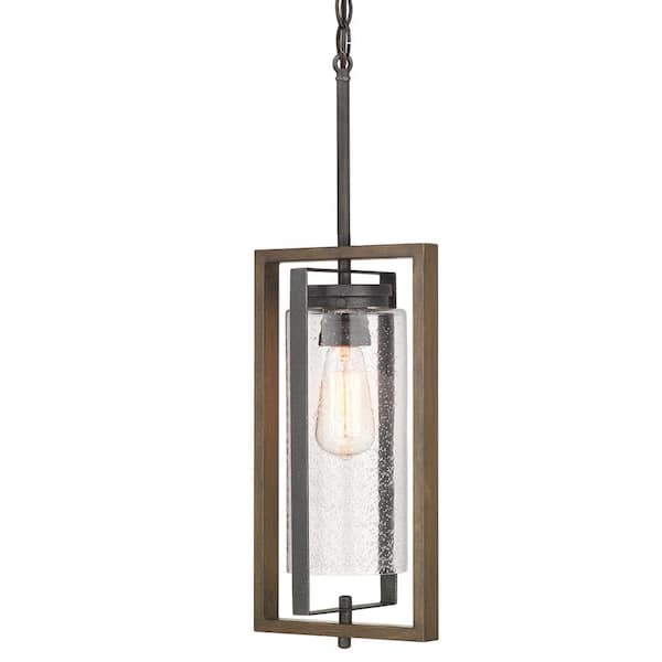 Home Decorators Collection Palermo Grove 8 in. 1-Light Gilded Iron Farmhouse Hanging Outdoor Lantern with Walnut Wood Accents