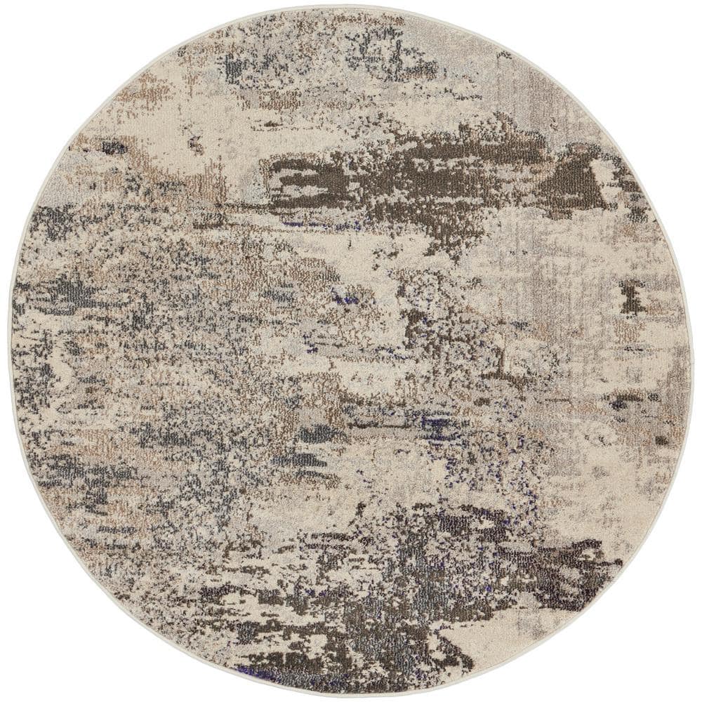 Ivory and Grey Abstract Round Hand-knotted Area Rug