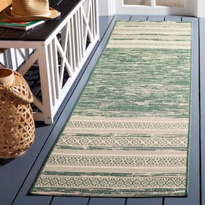 Courtyard Dark Green/Beige 2 ft. x 8 ft. Aztec Striped Indoor/Outdoor Runner Rug