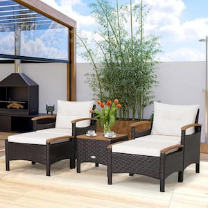 5PCS Outdoor Patio Rattan Furniture Set PE Wicker Lounge Chair w/Wood Tabletop Off White