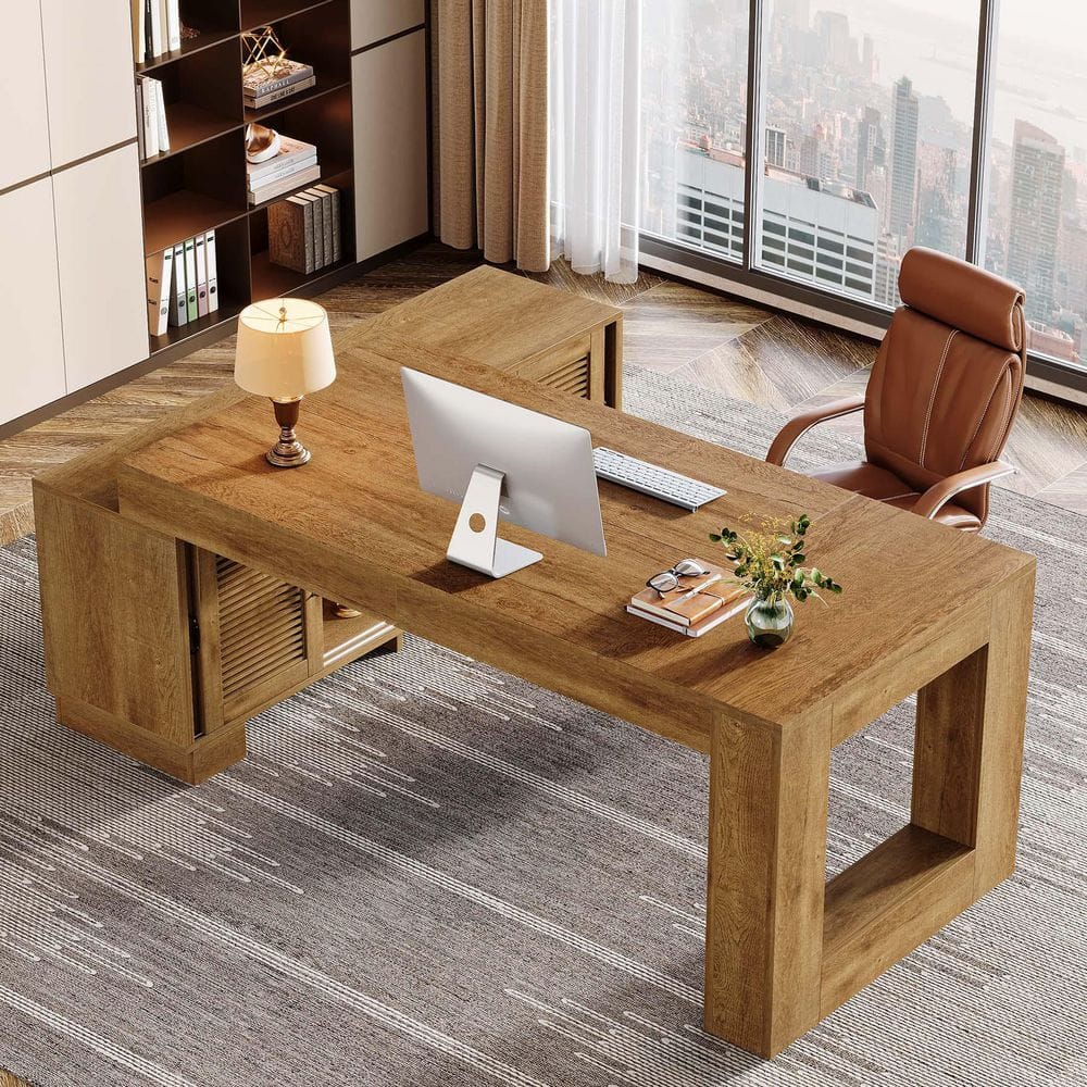 Lanita 63 in. L-Shaped Brown Wood Computer Desk w/ 2-Tier Shelf and Storage Cabinets,Large Executive Desk Writing Table