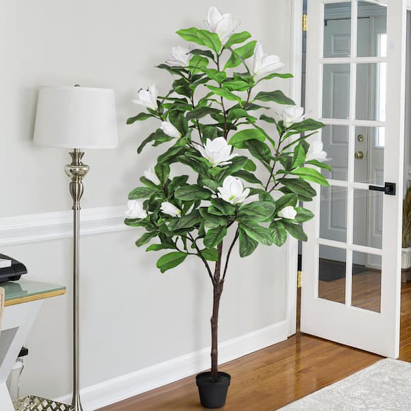 6 ft. Real Touch White Artificial Magnolia Flower Tree in Black Pot