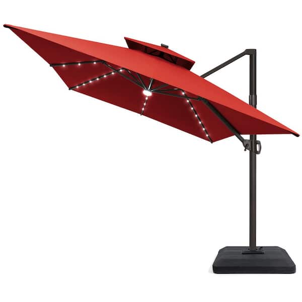 10 ft. x 13 ft. Solar LED 2-Tier Outdoor Cantilever 360° Rotation Tilt Patio Umbrella with Weights Base in Red