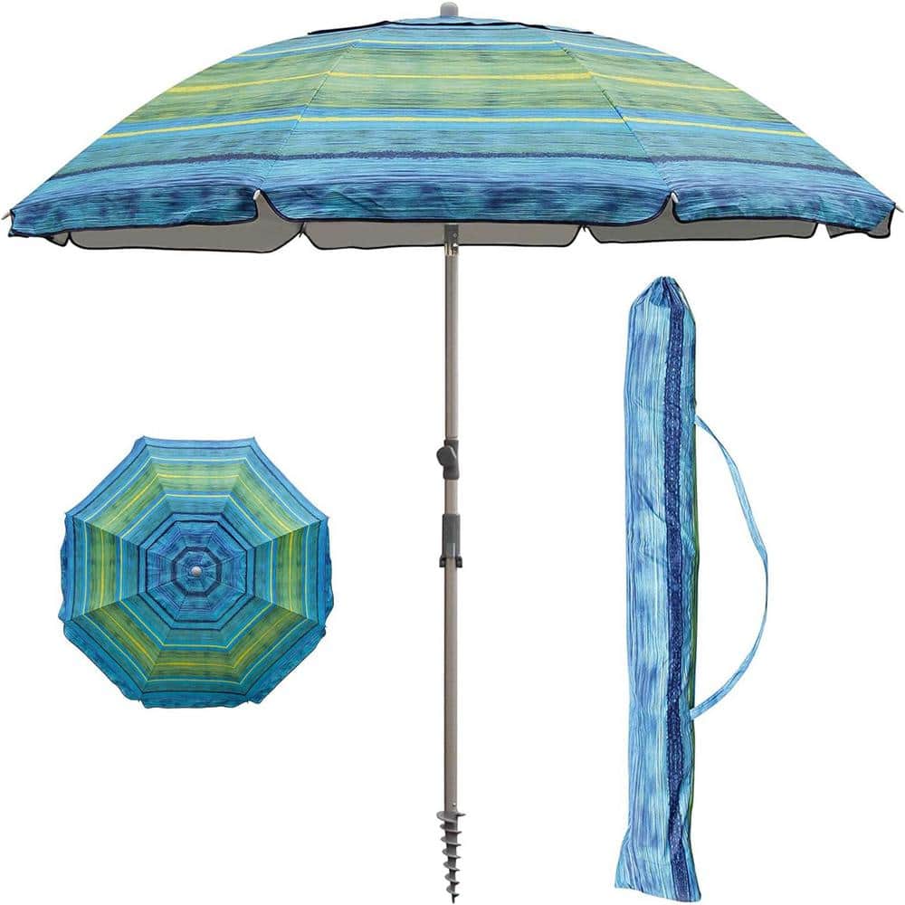 7 ft. Metal Pole Push Button Tilt Beach Umbrella in Green-Blue Stripe
