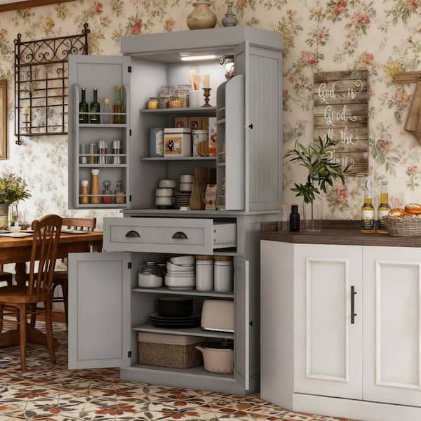 Modern Style Kitchen Pantry Cabinet with LED Lights,Door Shelves,Drawer and Adjustable Shelves