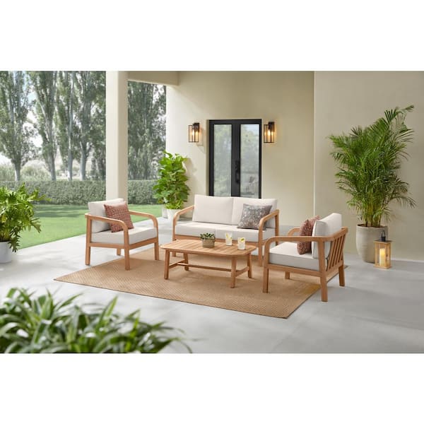 Hampton Bay Orleans 4-Piece Eucalyptus Wood Patio Conversation Set with CushionGuard Almond Cushions