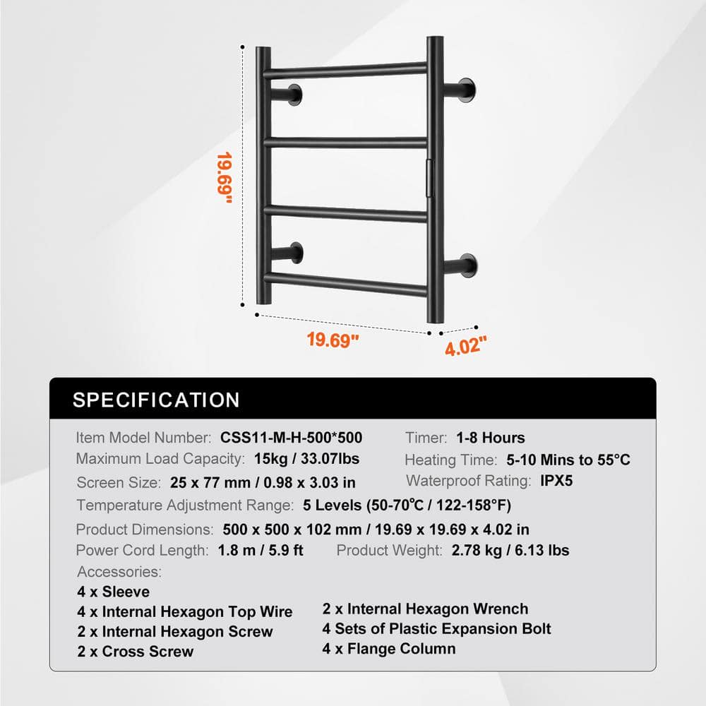 Black Stainless Steel Wall-Mounted 4-Bar Heated Towel Warmer