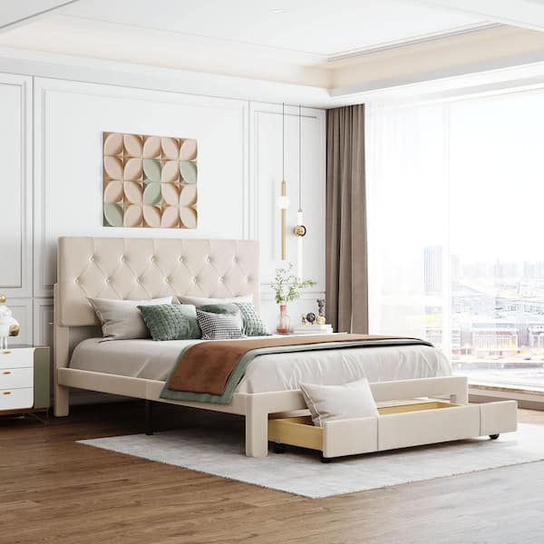 ATHMILE Beige Wood Frame Queen Velvet Upholstered Platform Bed with Drawer