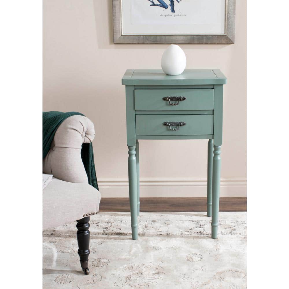 Dusty Green Transitional Poplar Wood End Table with Storage