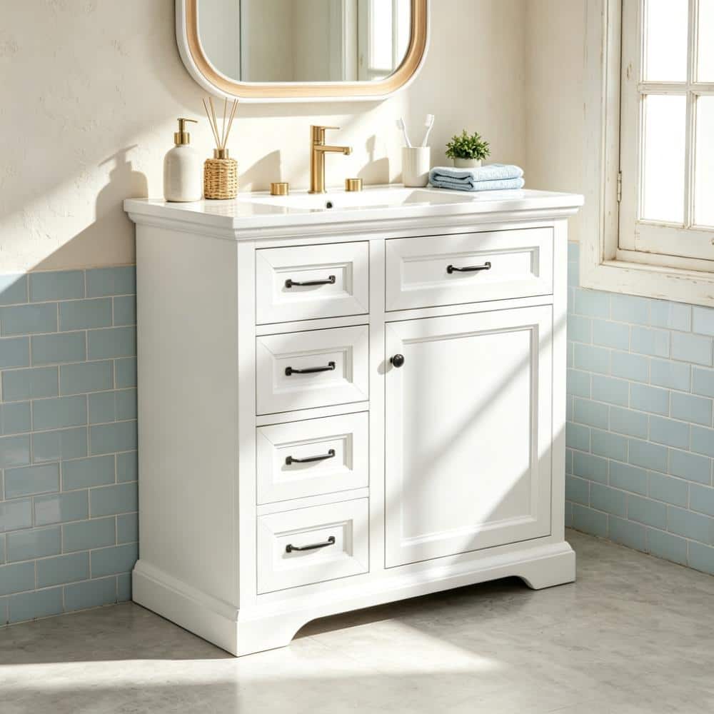 36 in. W White Freestanding Bath Vanity with White Ceramic Top Sink,4 Drawers, 4 Drawers and 1 Soft-Close Door price history on PriceWatchPro