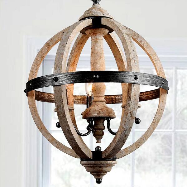 LNC 3-Light Farmhouse Kitchen Chandelier Vintage Wood and Black Iron Ring Globe Ceiling Pendant