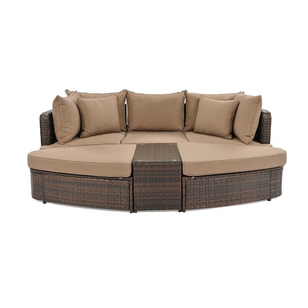 Unbranded 6-Piece Patio PE Rattan Wicker Outdoor Sectional Set Round Sofa Seating Group with Coffee Table, Brown Cushions