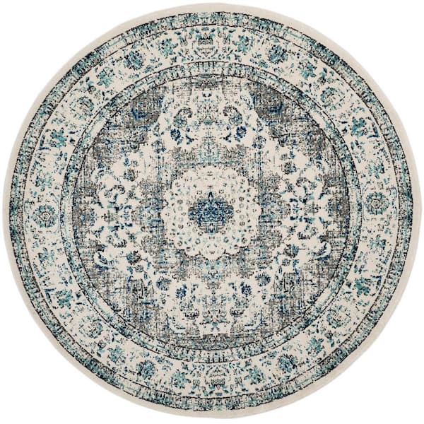 SAFAVIEH Evoke 7 ft. x 7 ft. Gray/Ivory  Round Border Medallion Distressed Area Rug