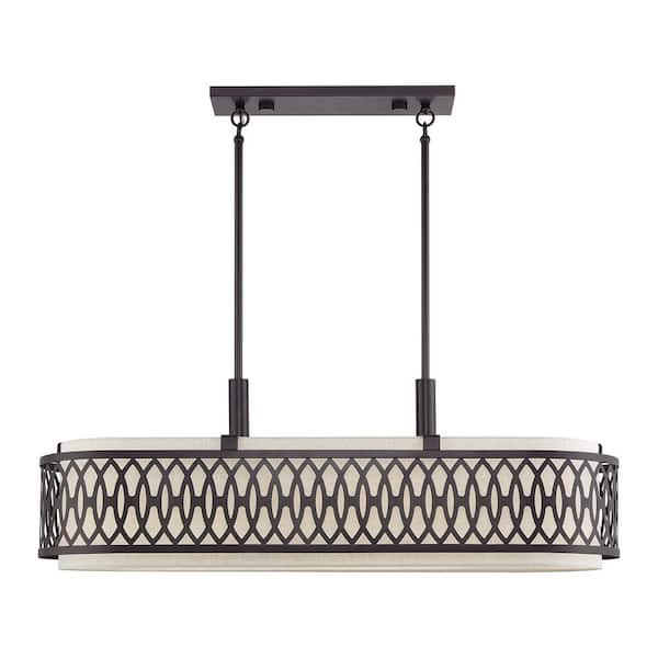 Vistaview 6-Light English Bronze Linear Chandelier with Oatmeal Fabric Shade