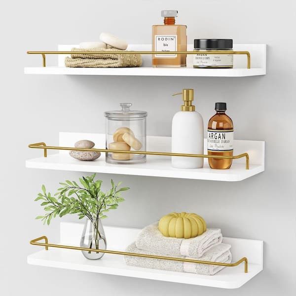 17 in., W x 6 in., D White and Gold Floating Decorative Wall Shelf Set of 3
