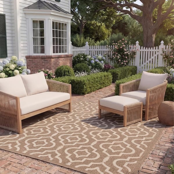 Courtyard Brown/Bone 8 ft. x 11 ft. Geometric Indoor/Outdoor Patio  Area Rug