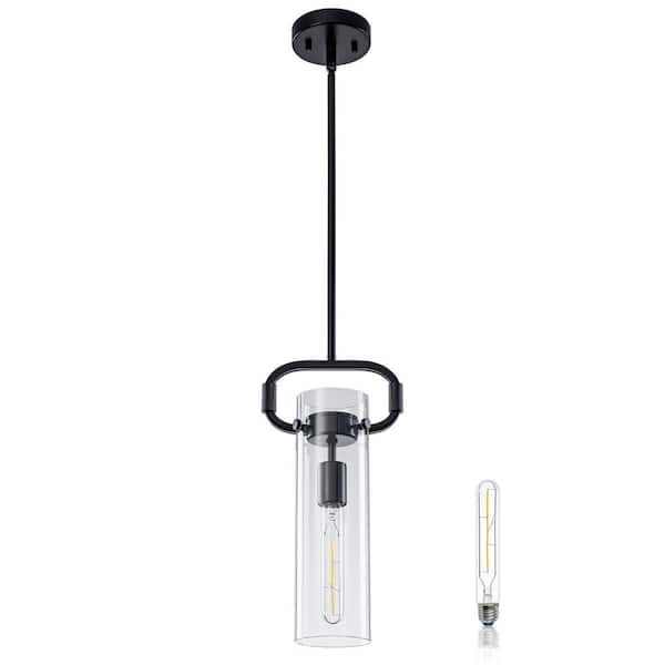 Modern Clear Glass Pendant Light, 1-Light Matte Black Hanging Light for Kitchen and Dining Room