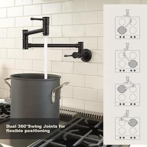 Wall Mounted Folding Pot Filler with Double-Handle Stretchable Kitchen Sink Faucet in Matte Black